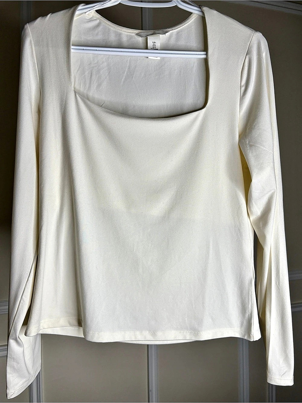 H&M Square-neck Long-sleeved Cream Soft Stretchy Jersey Top with Square Neckline